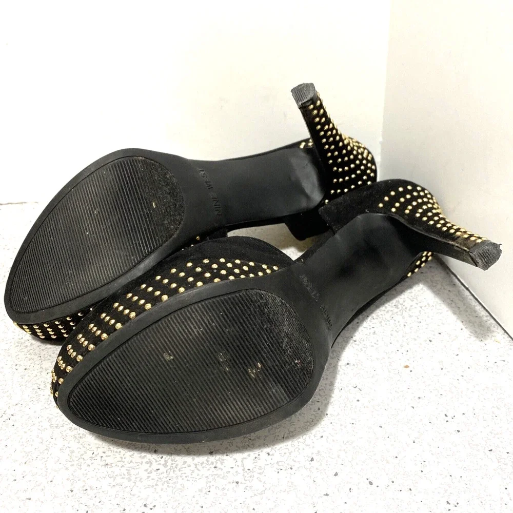 Nine West Gig high heel platform pumps black faux suede & gold studs US size 8M